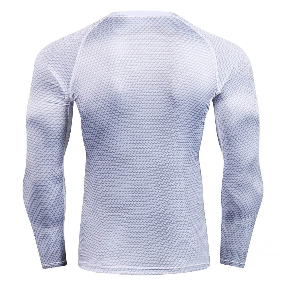 Men's compression long sleeves o-neck top in snake skin print, ideal for running and CrossFit, back view showing full coverage support.